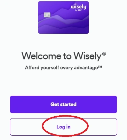 Wisely by ADP login screen showing “Welcome to Wisely” message, a “Get started” button, and a highlighted “Log in” option at the bottom.
