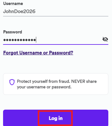 Login screen showing “Log in to myWisely” with username entered as JohnDoe2026, password field filled with hidden characters, and arrows pointing to both input fields along with a “Forgot Username or Password?” link below.