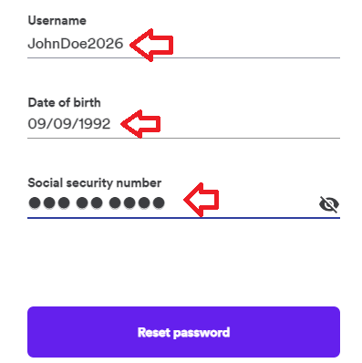 Enter Your Username, date of birth and social security number in the given fields