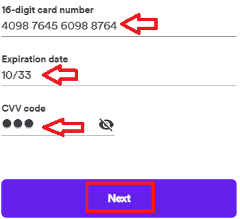Screenshot of a mywisely card verification form showing a 16-digit card number, expiration date, and hidden CVV code fields highlighted with red arrows, along with a purple “Next” button at the bottom.